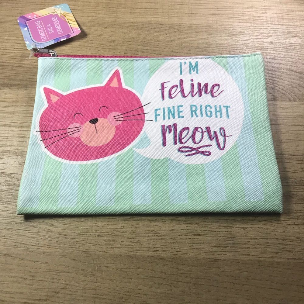 Playful Cat Pouch with Pink and Green Design Makeup Bag